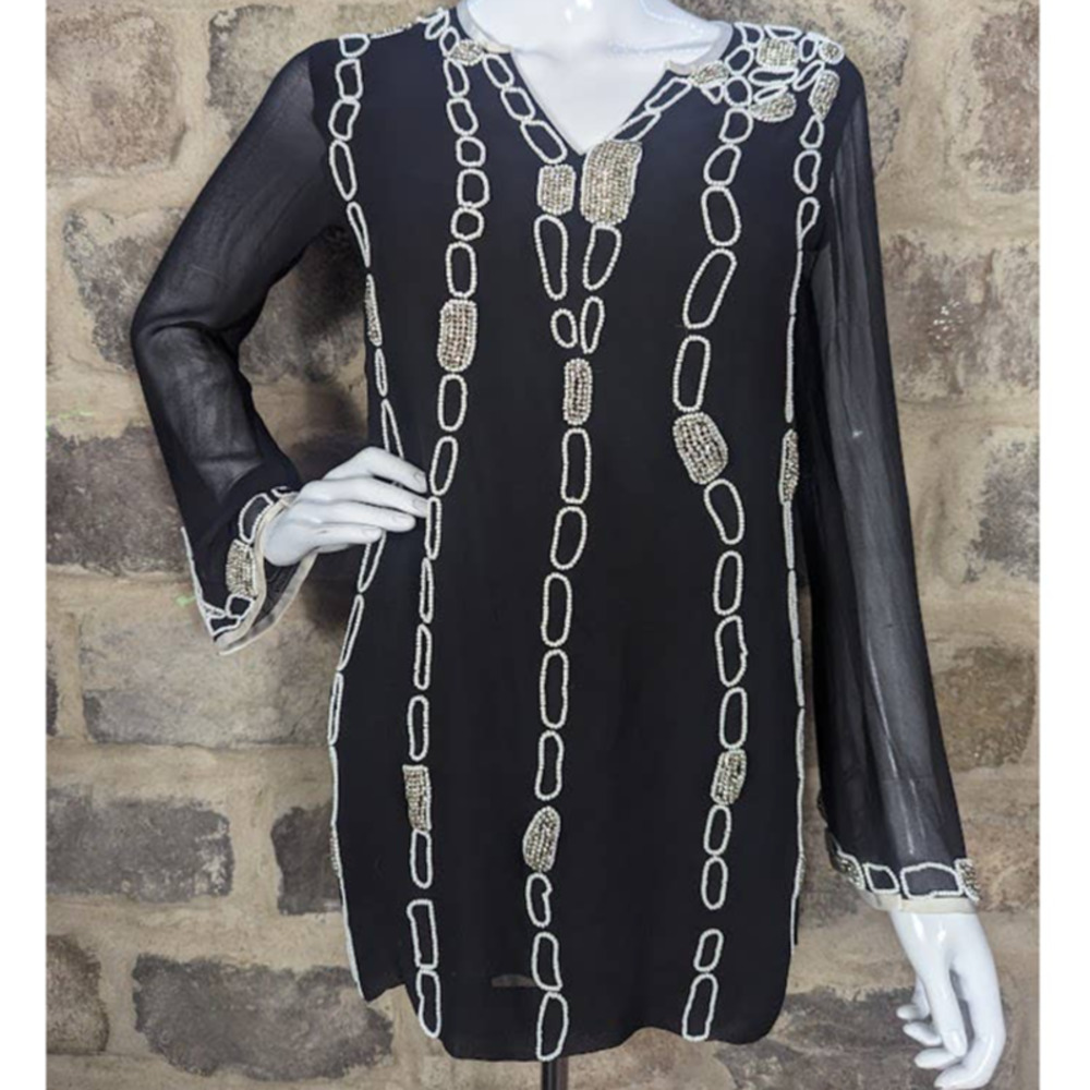 KARMA Pink Tunic Blouse Black White Beaded Rhinestone Woman's Size Small
